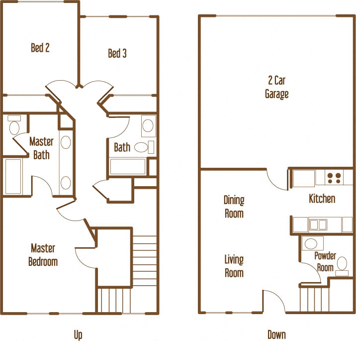Floor plan for 3 beds, 2.5 baths, 1239 sqft